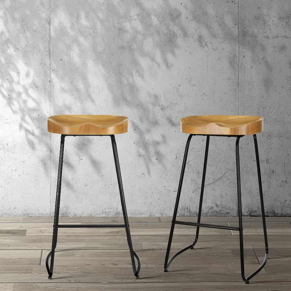 Set of 4 Elm Wood Backless Bar Stools 75cm - Black and Light Natural