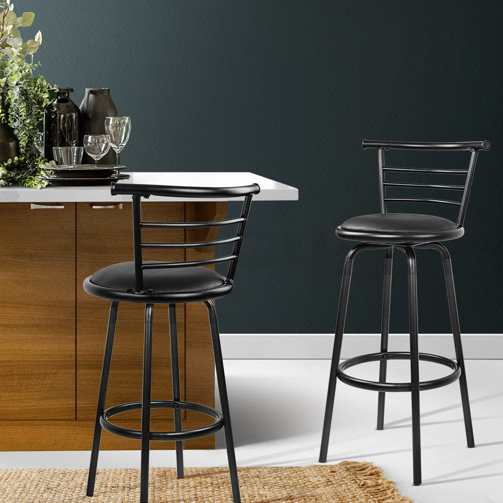 Set of 2 PU Leather Bar Stools - Black and Steel
