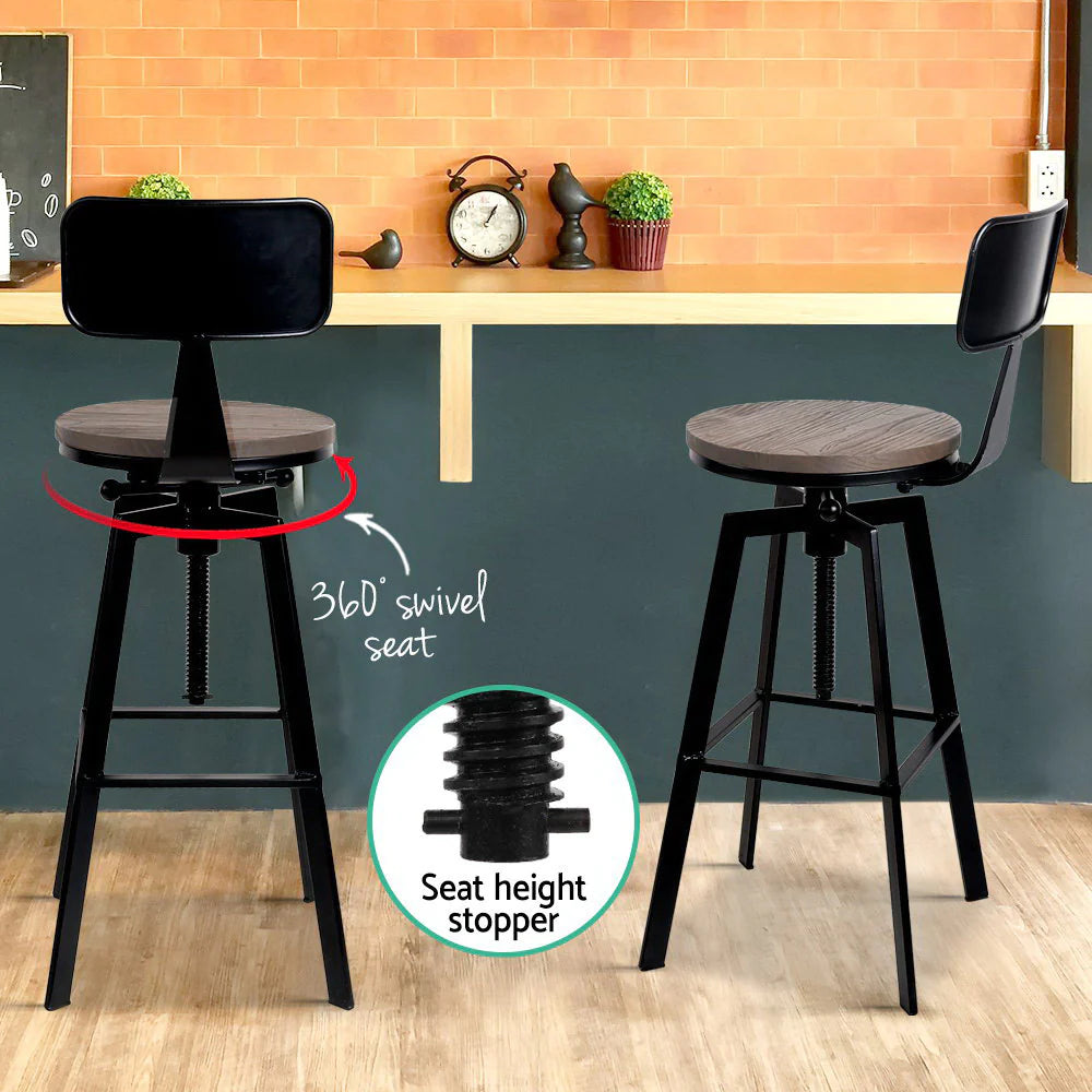 Set of 3 Cooper Industrial Style Metal and Wooden Rustic Bar Stools Black