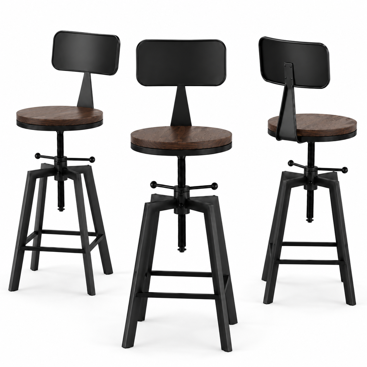 Set of 3 Industrial Swivel Bar Stools Adjustable 63-79cm with Metal Legs - Black