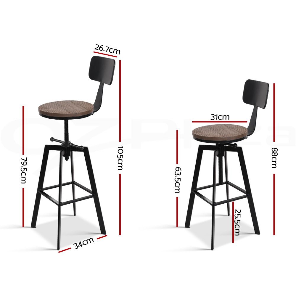 Set of 3 Industrial Swivel Bar Stools Adjustable 63-79cm with Metal Legs - Black