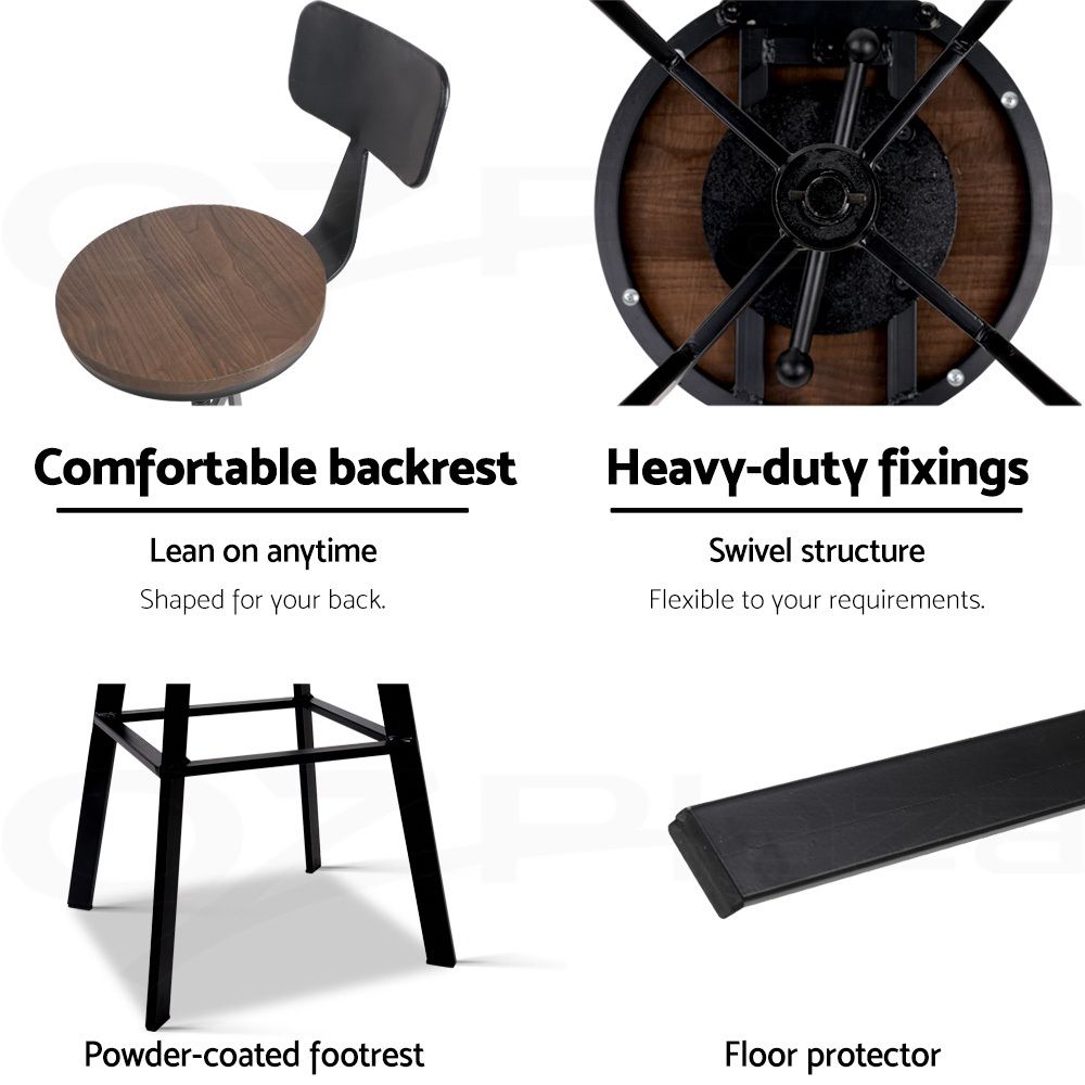 Set of 3 Industrial Swivel Bar Stools Adjustable 63-79cm with Metal Legs - Black