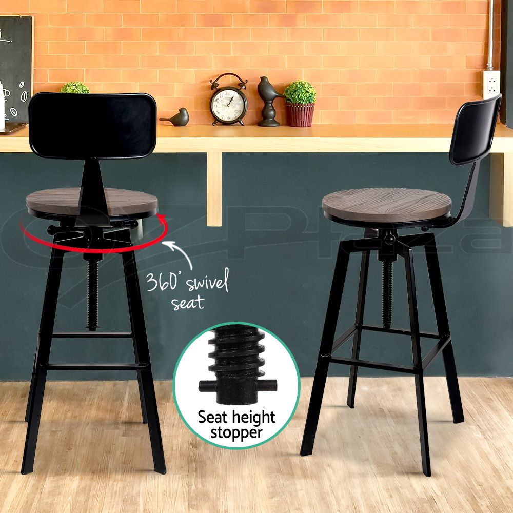 Set of 3 Industrial Swivel Bar Stools Adjustable 63-79cm with Metal Legs - Black
