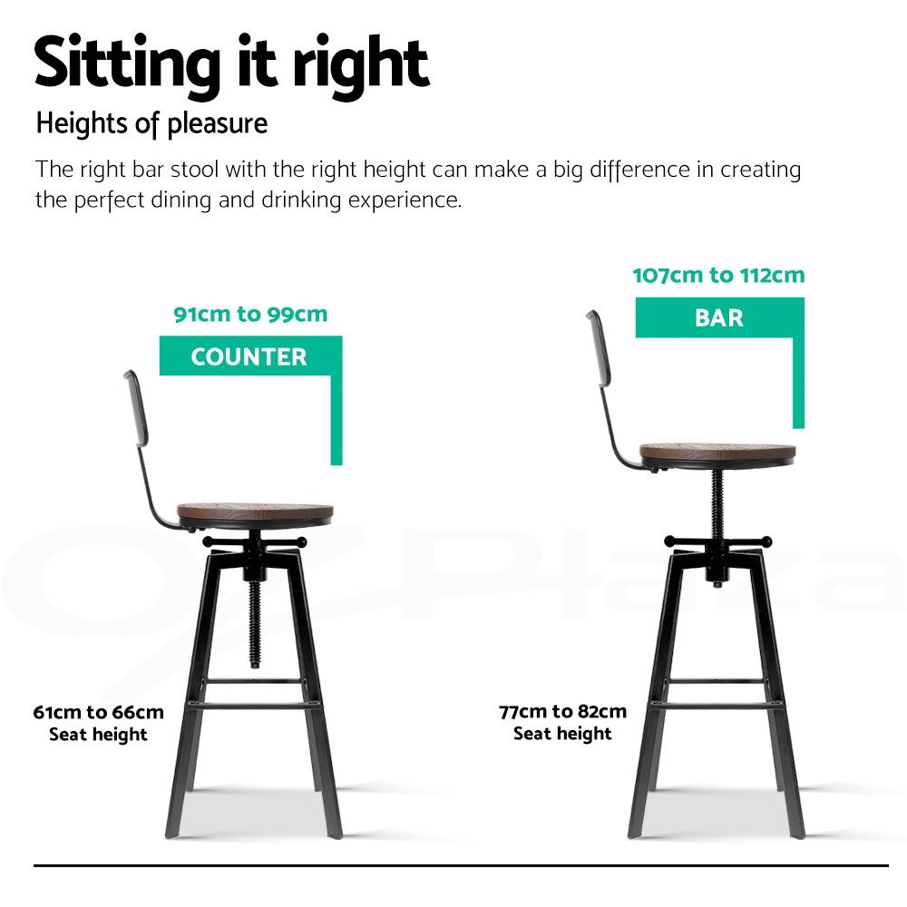 Set of 3 Industrial Swivel Bar Stools Adjustable 63-79cm with Metal Legs - Black