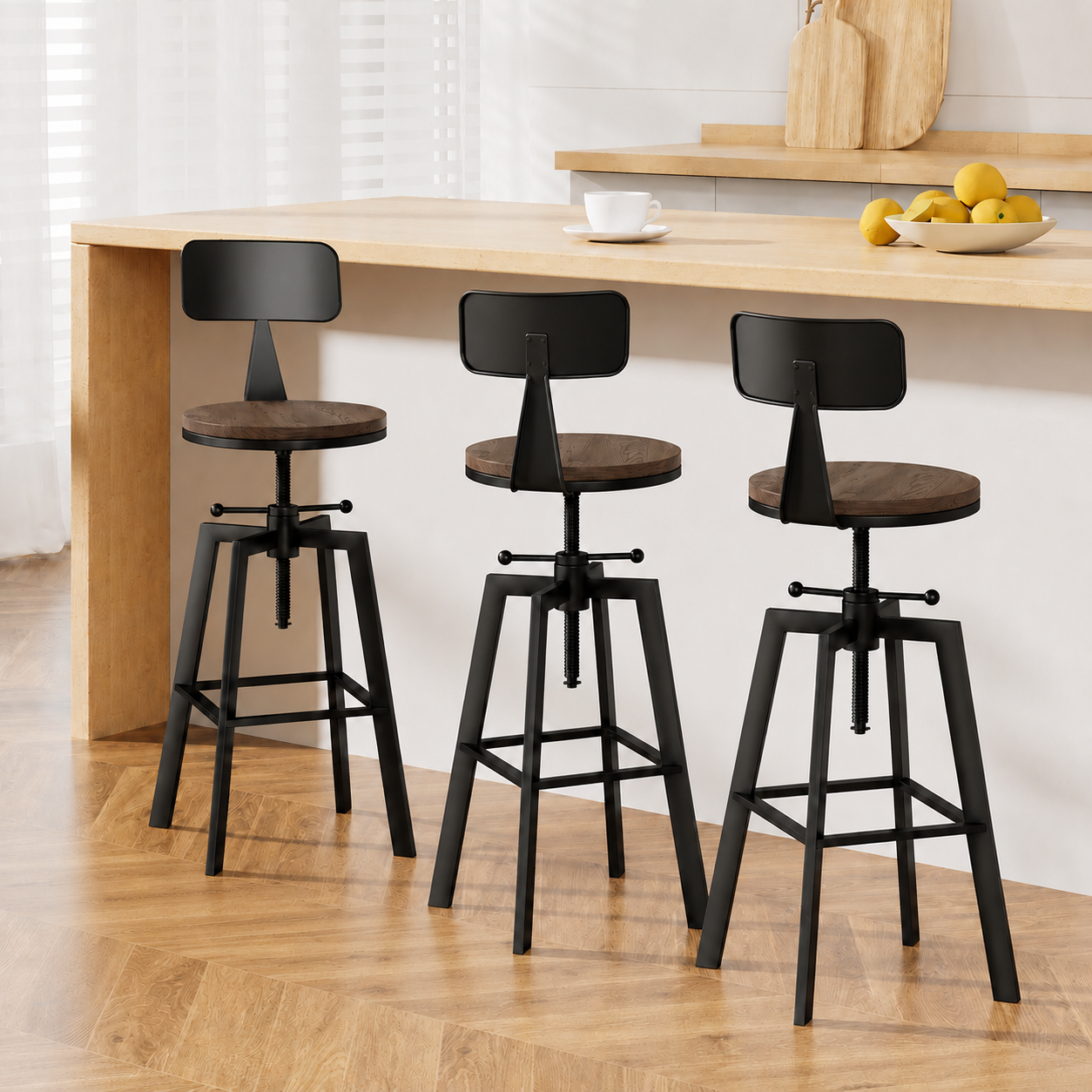 Set of 3 Industrial Swivel Bar Stools Adjustable 63-79cm with Metal Legs - Black