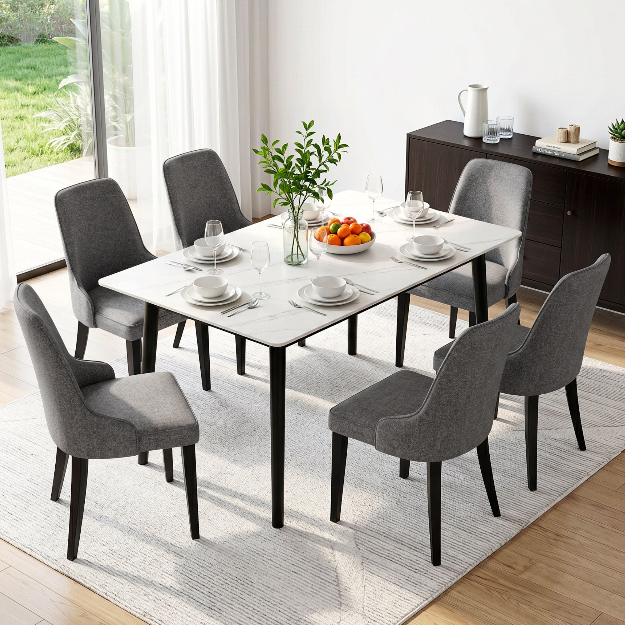 Dining Chairs Set of 6 Linen Fabric Grey