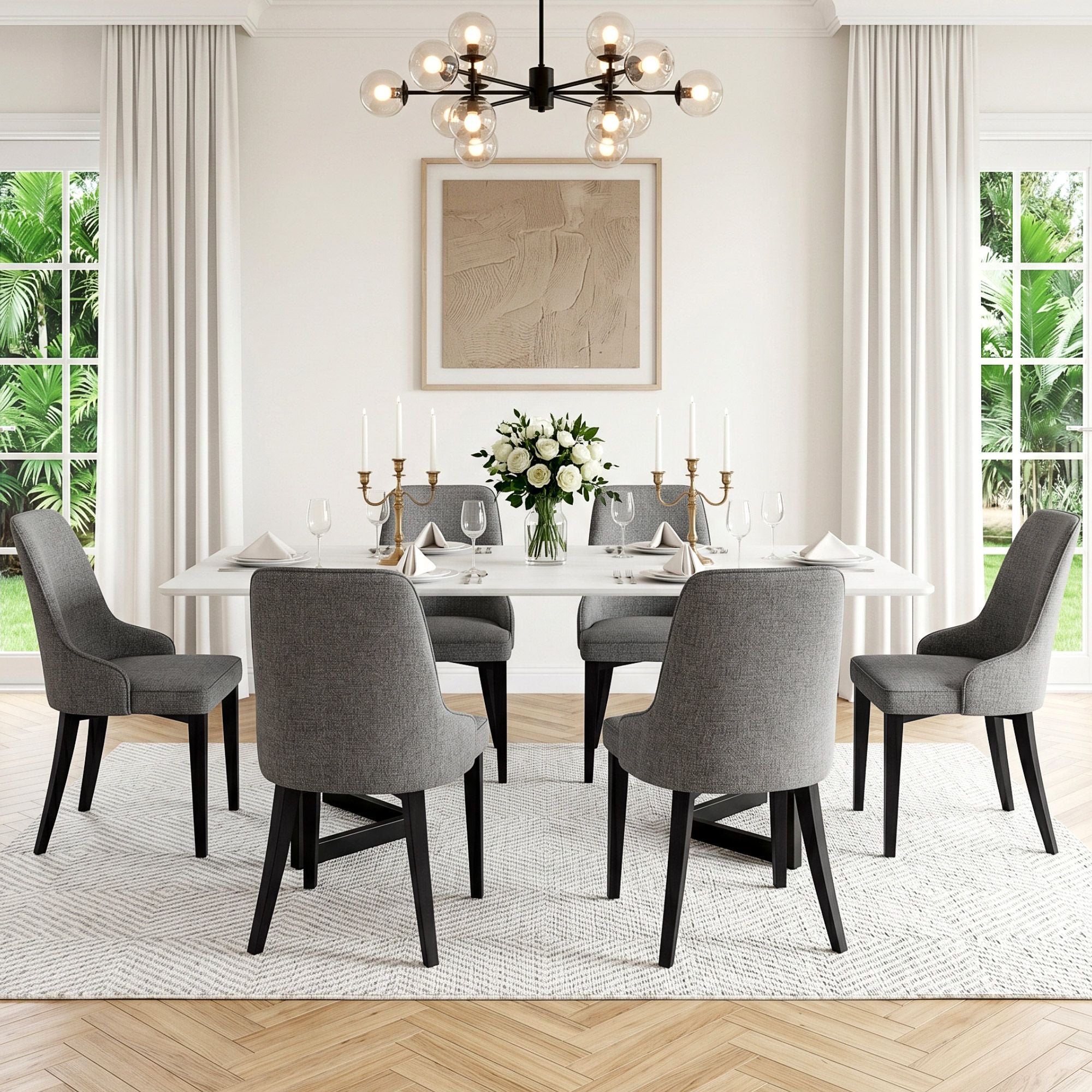 Dining Chairs Set of 6 Linen Fabric Grey