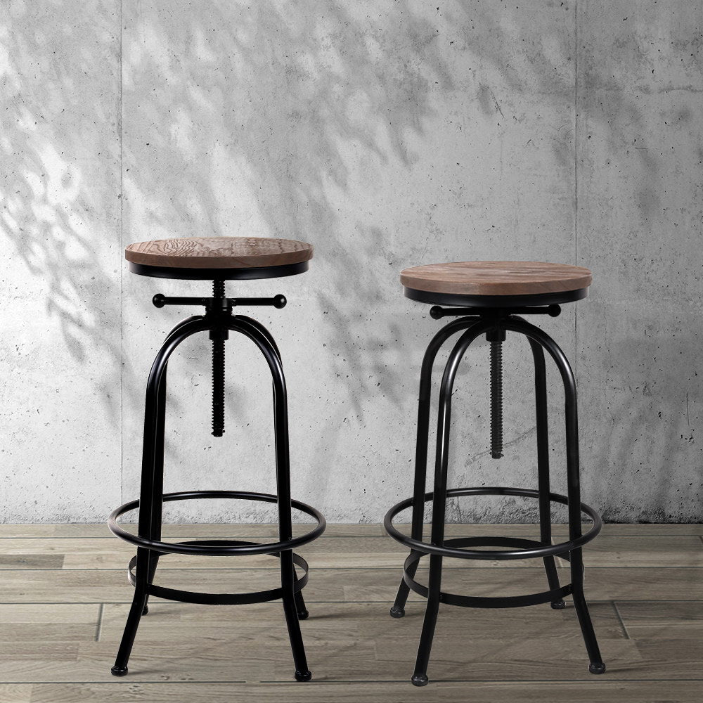 Bar Stool Industrial Round Seat Wood Metal - Black and Brown