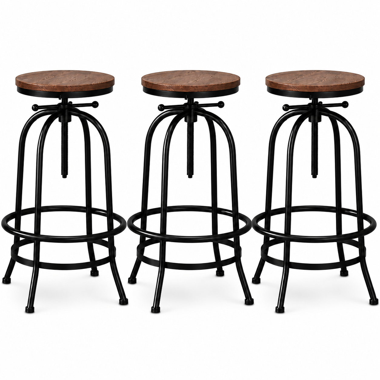 Set of 3 Backless Swivel Adjustable Bar Stools 70-90cm Seat Height - Black