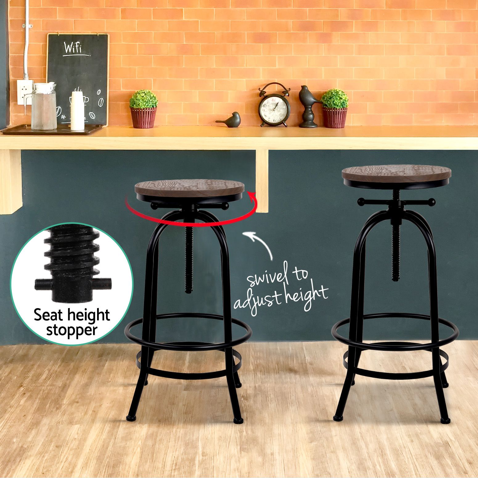 Set of 3 Backless Swivel Adjustable Bar Stools 70-90cm Seat Height - Black