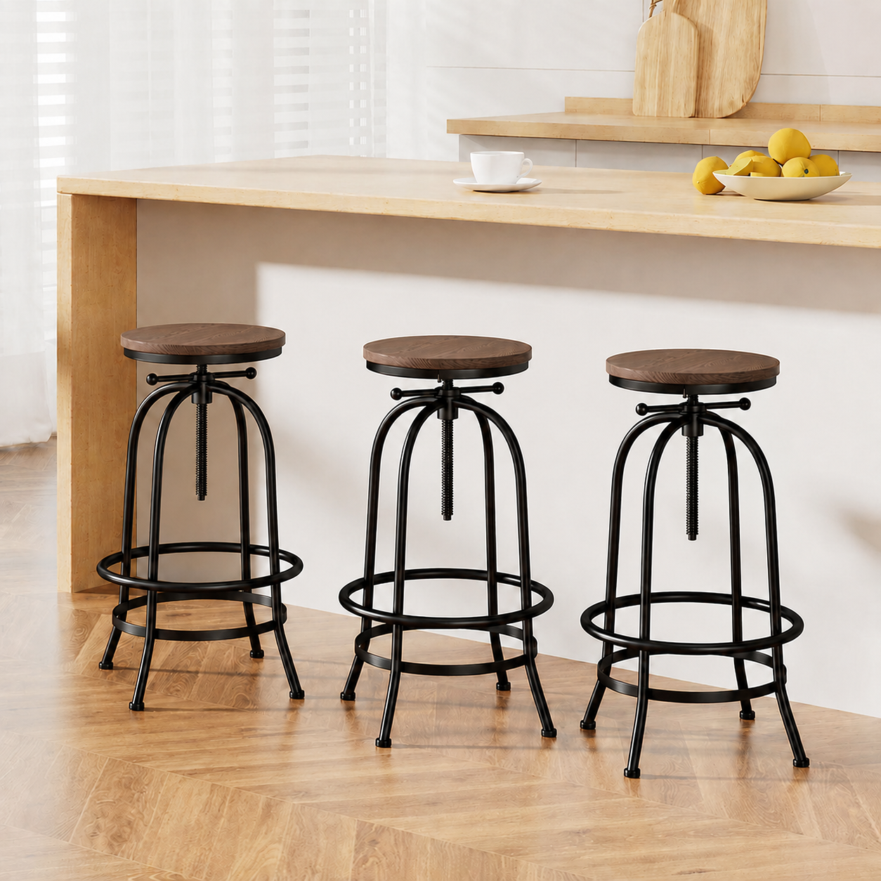 Set of 3 Backless Swivel Adjustable Bar Stools 70-90cm Seat Height - Black