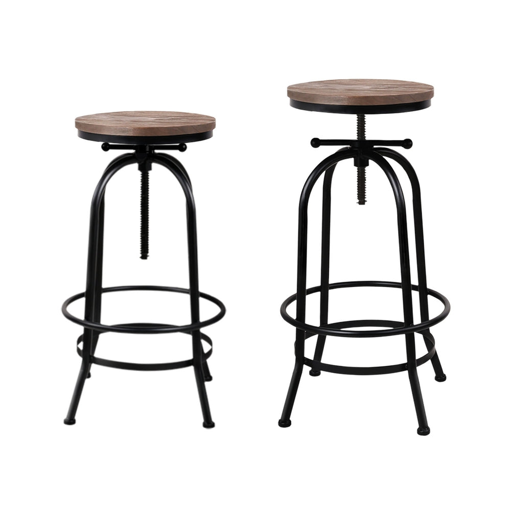 Set of 4 Bar Stool Industrial Round Seat Wood Metal - Black and Brown