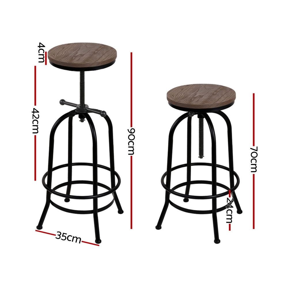 Set of 4 Bar Stool Industrial Round Seat Wood Metal - Black and Brown