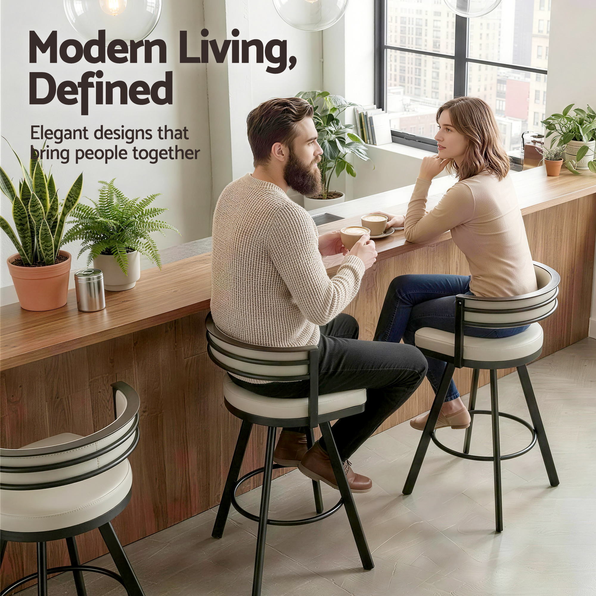 Swivel Bar Stool with PU Leather Seat and Metal Frame - Beige