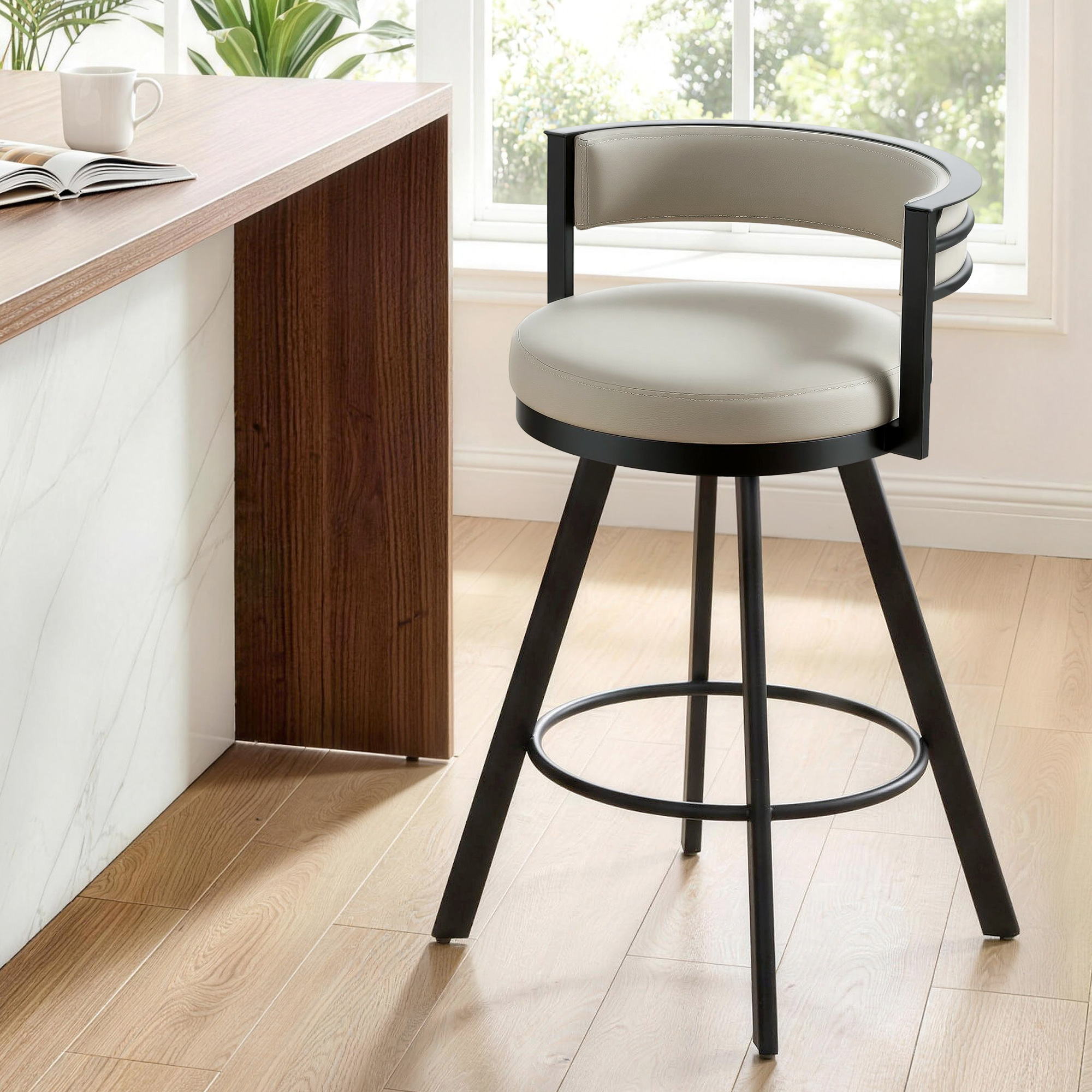 Swivel Bar Stool with PU Leather Seat and Metal Frame - Beige
