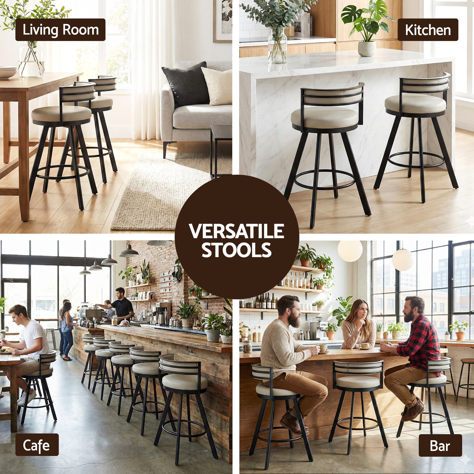 Bar Stools Set of 2 Swivel Kitchen Chair Metal Counter Beige Leather