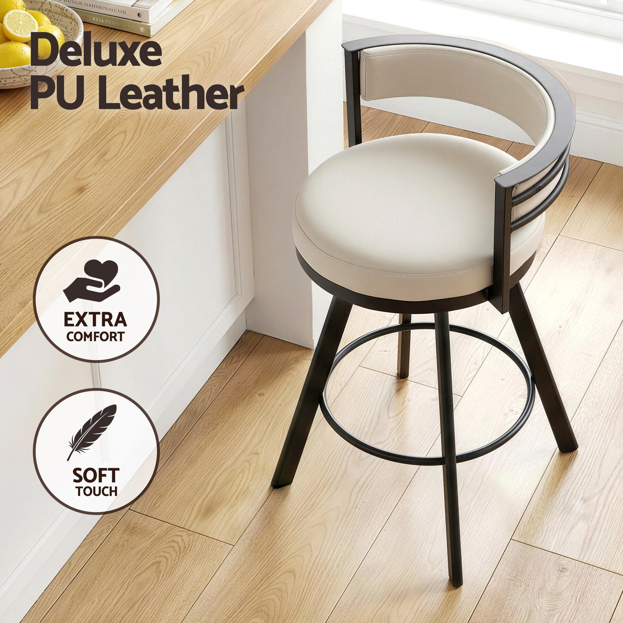 Bar Stools Set of 2 Swivel Kitchen Chair Metal Counter Beige Leather