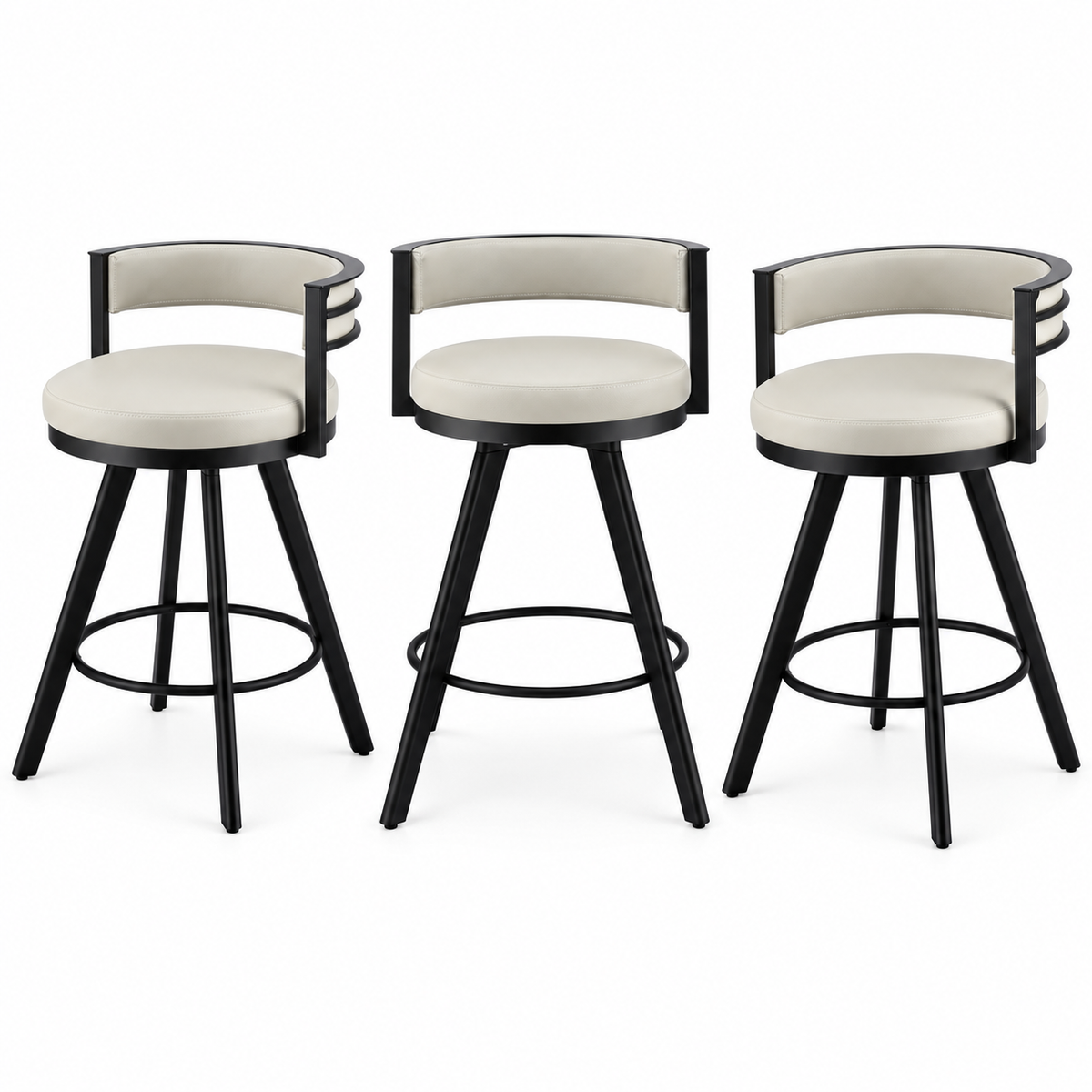 Set of 3 Swivel Counter Bar Stools with Padded Backrest - Beige