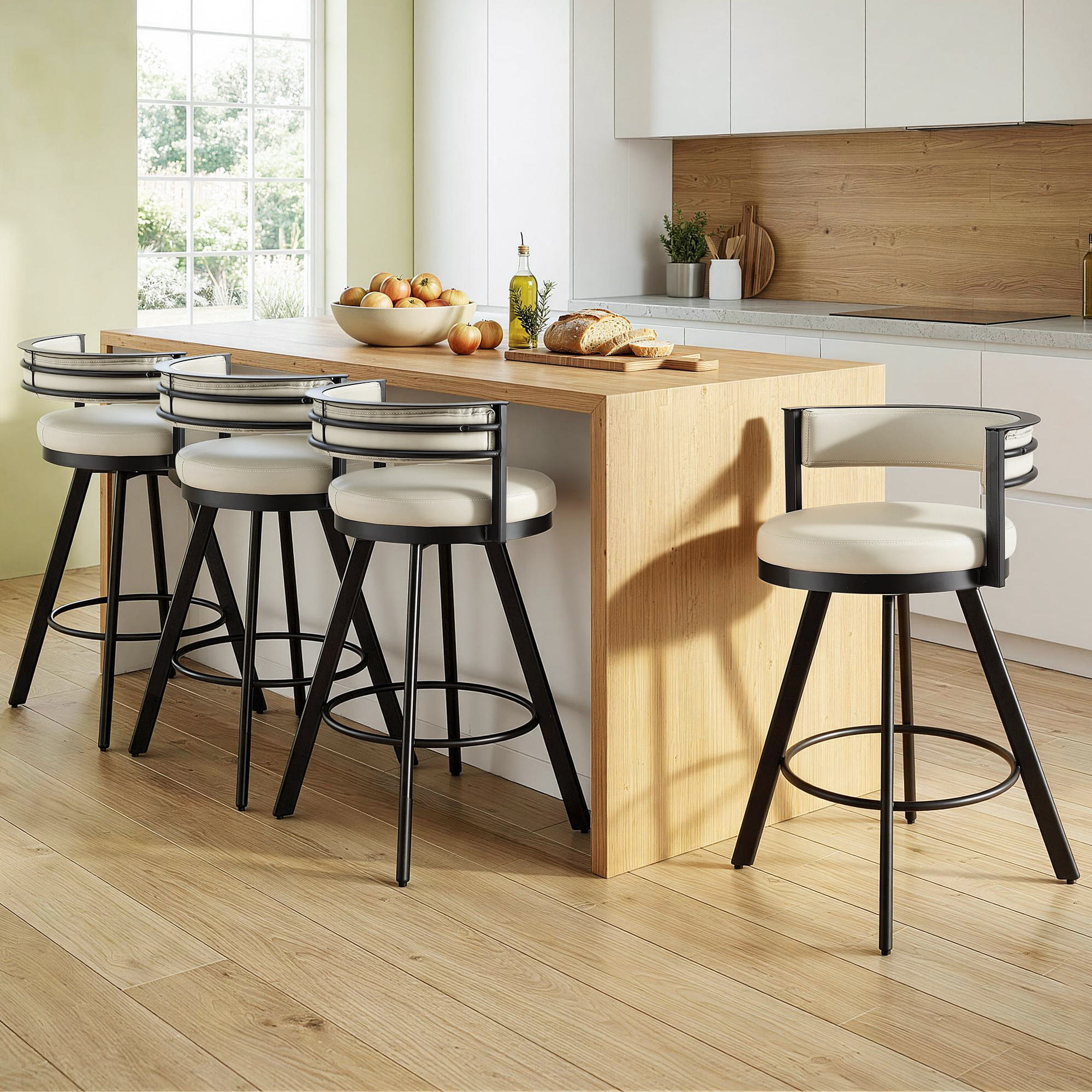 Bar Stools Set of 4 Swivel Kitchen Chair Metal Counter Beige Leather