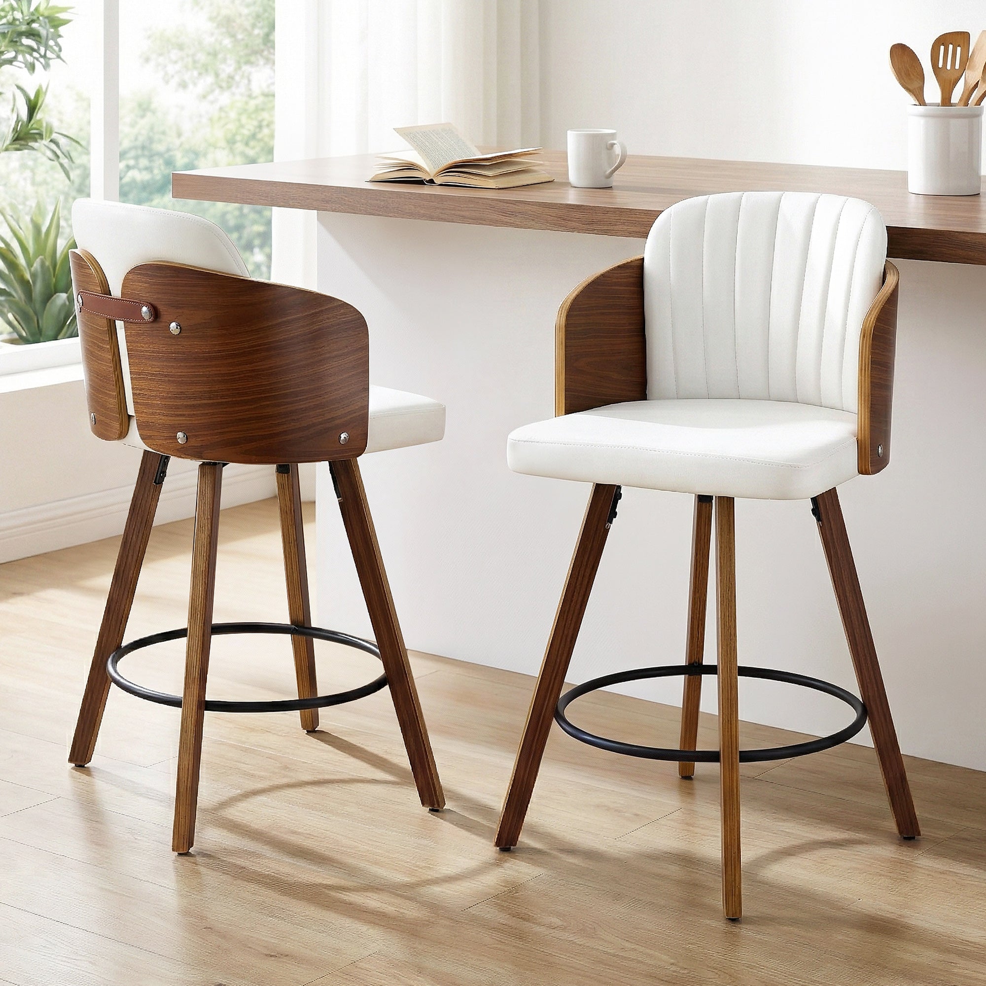 Set of 2 Wooden Swivel Bar Stools 58cm Seat Height - White