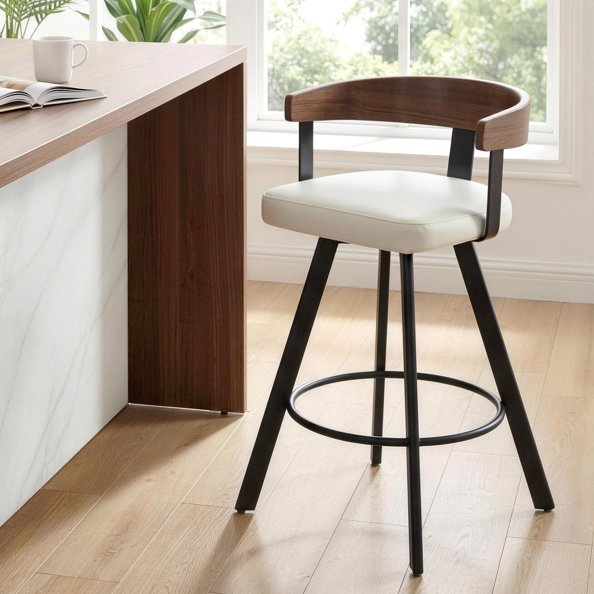 Bar Stool Swivel Bentwood Back Metal Legs Counter Chair - White
