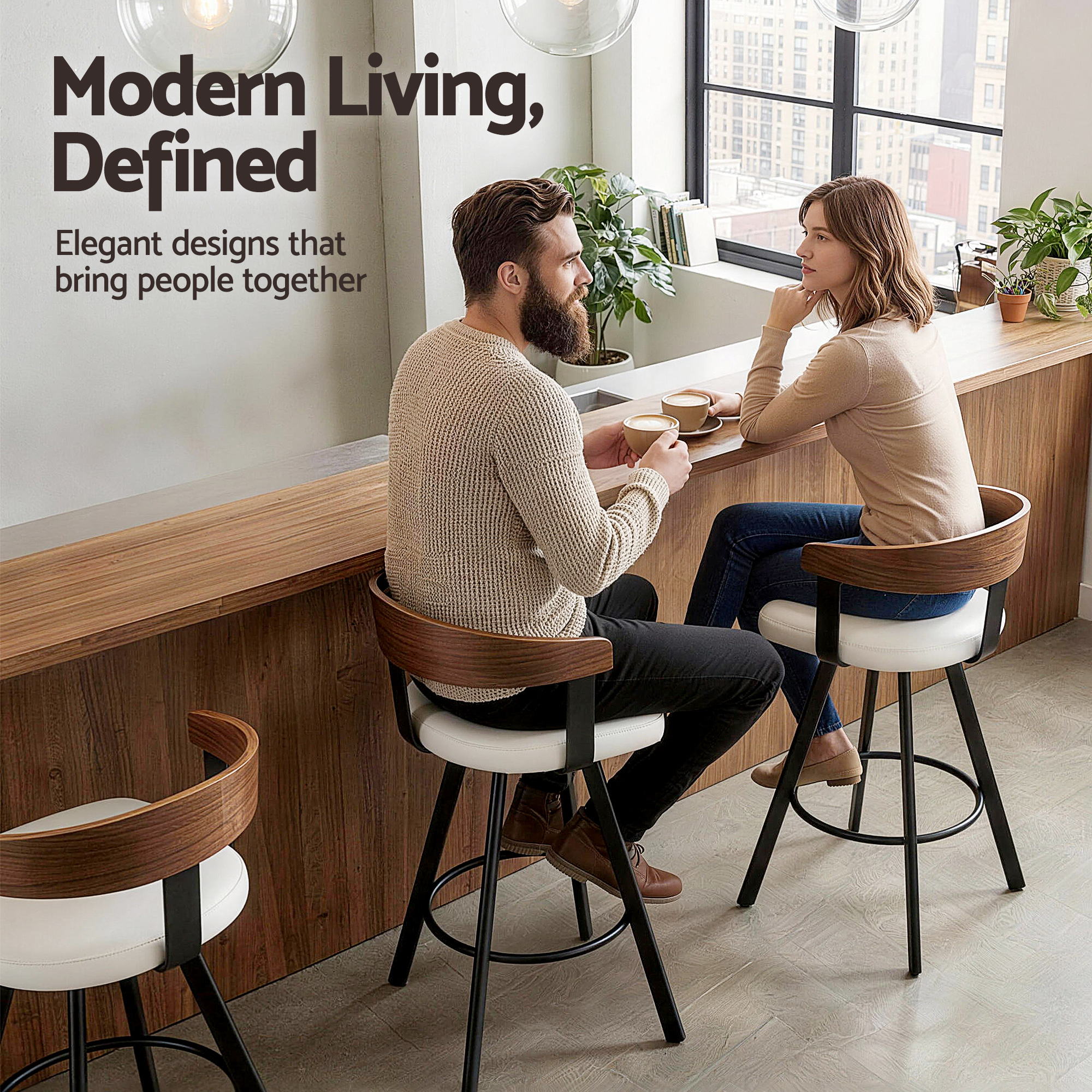 Set of 2 Swivel Bar Stools with Metal Legs and Bentwood Backrest - White