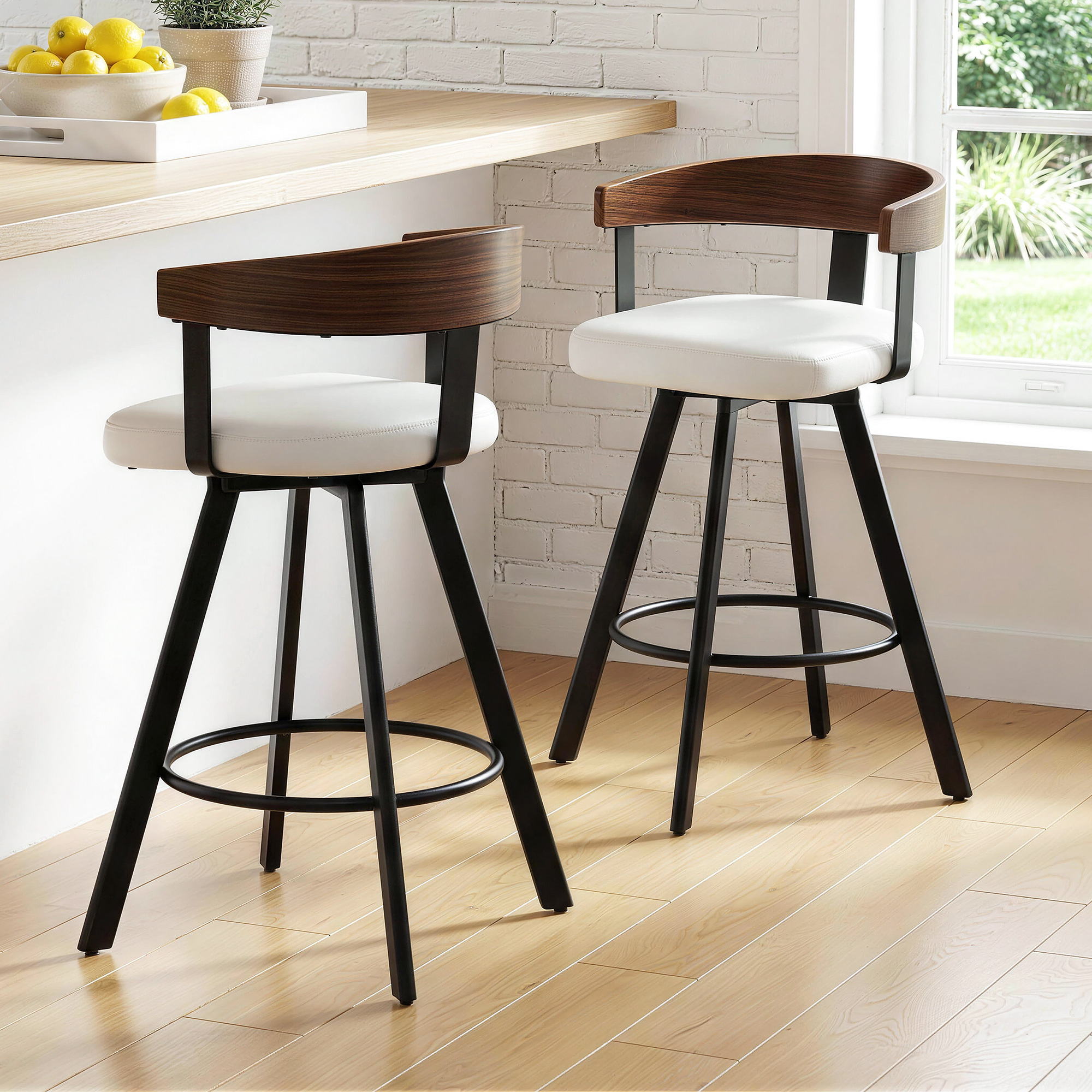 Set of 2 Swivel Bar Stools with Metal Legs and Bentwood Backrest - White