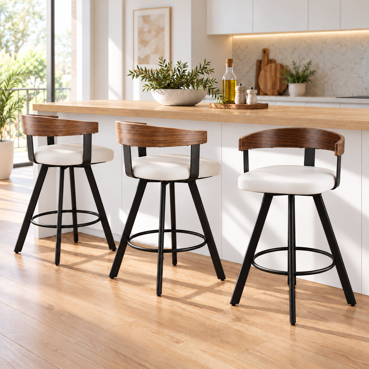 Set of 3 Swivel Counter Height Bar Stools with Bentwood Backrest and PU Leather Seat - White