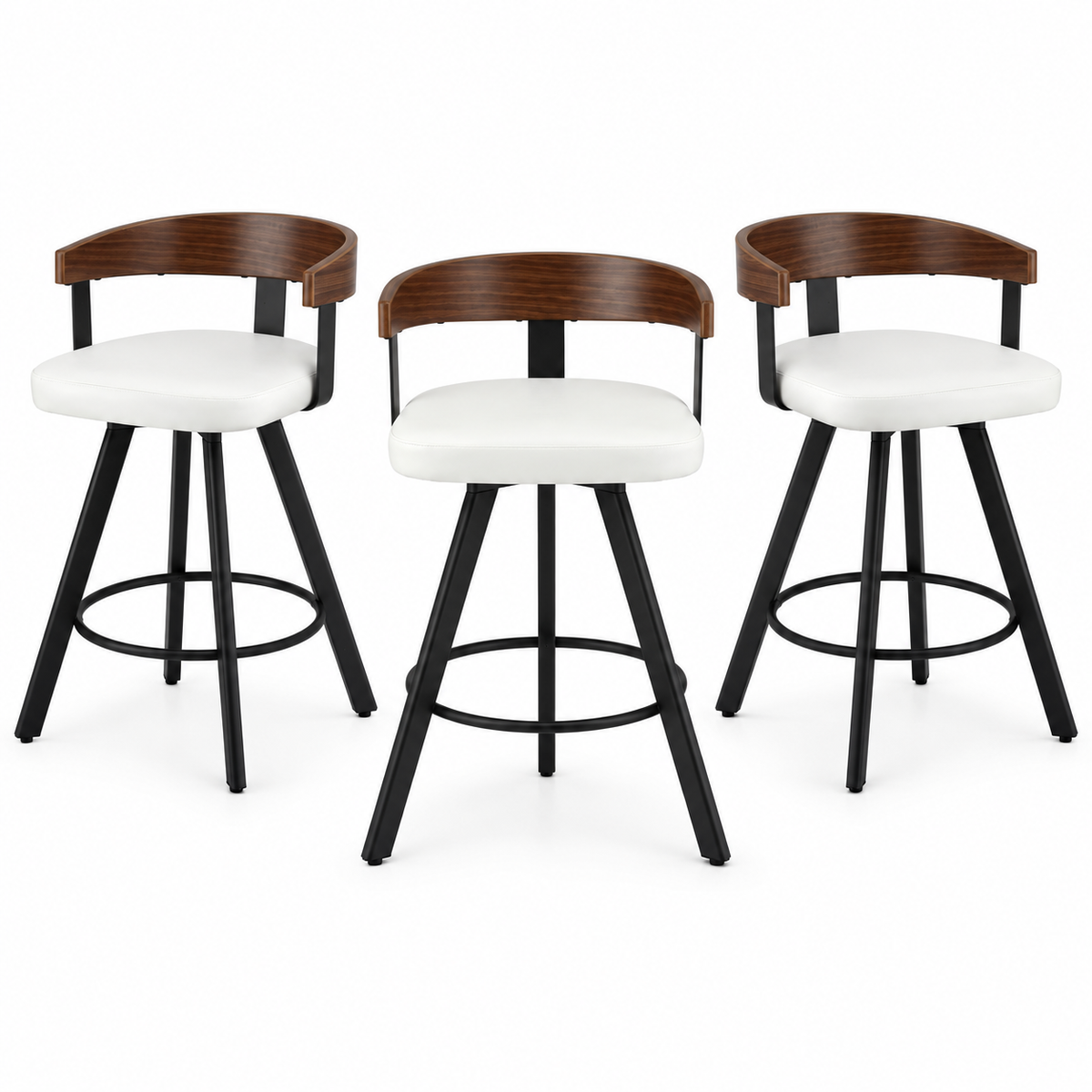 Set of 3 Swivel Counter Height Bar Stools with Bentwood Backrest and PU Leather Seat - White