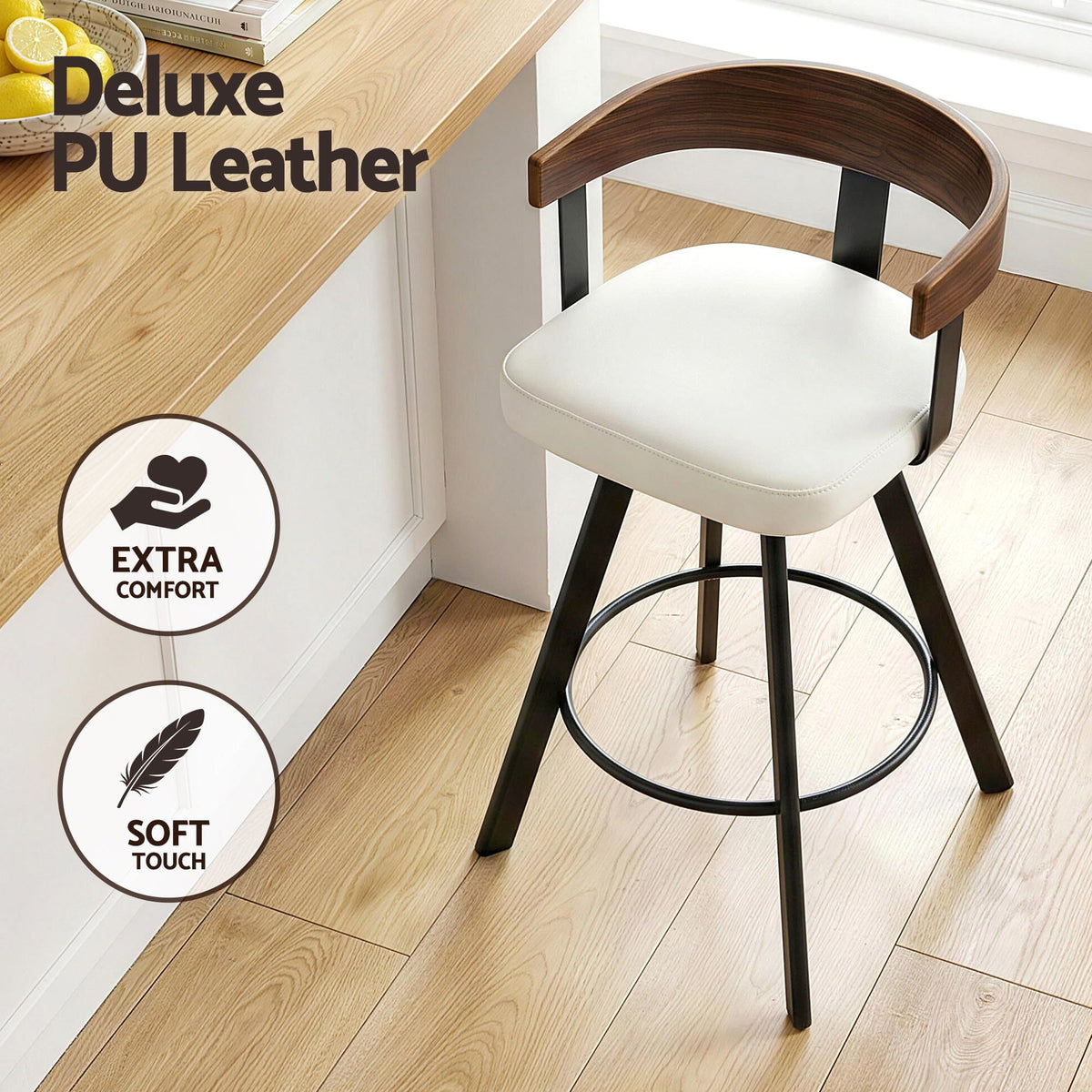 Set of 3 Swivel Counter Height Bar Stools with Bentwood Backrest and PU Leather Seat - White