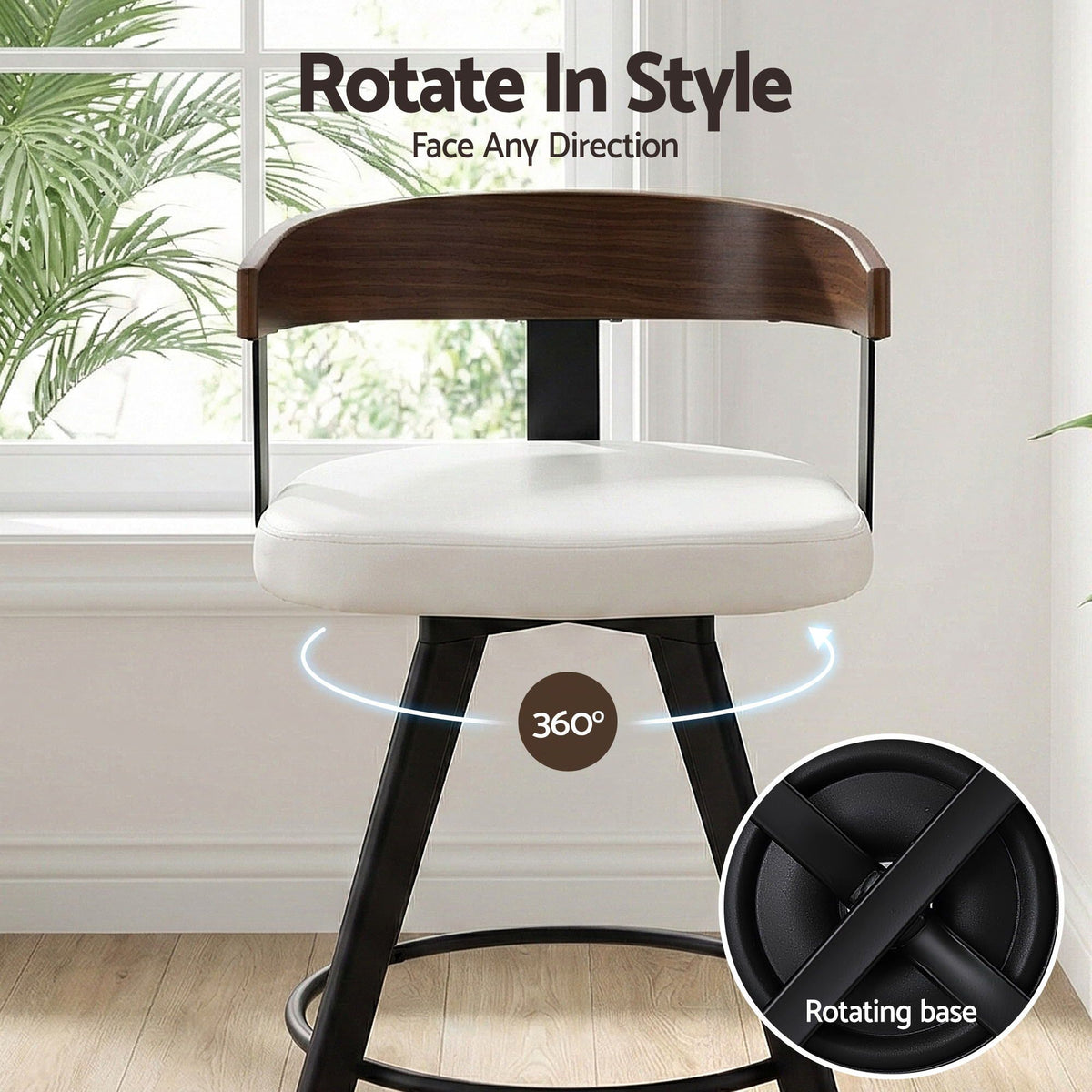 Set of 3 Swivel Counter Height Bar Stools with Bentwood Backrest and PU Leather Seat - White