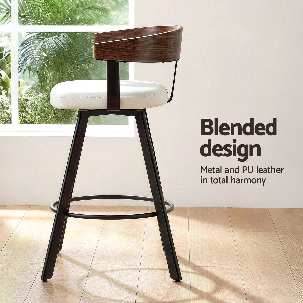 Set of 3 Swivel Counter Height Bar Stools with Bentwood Backrest and PU Leather Seat - White