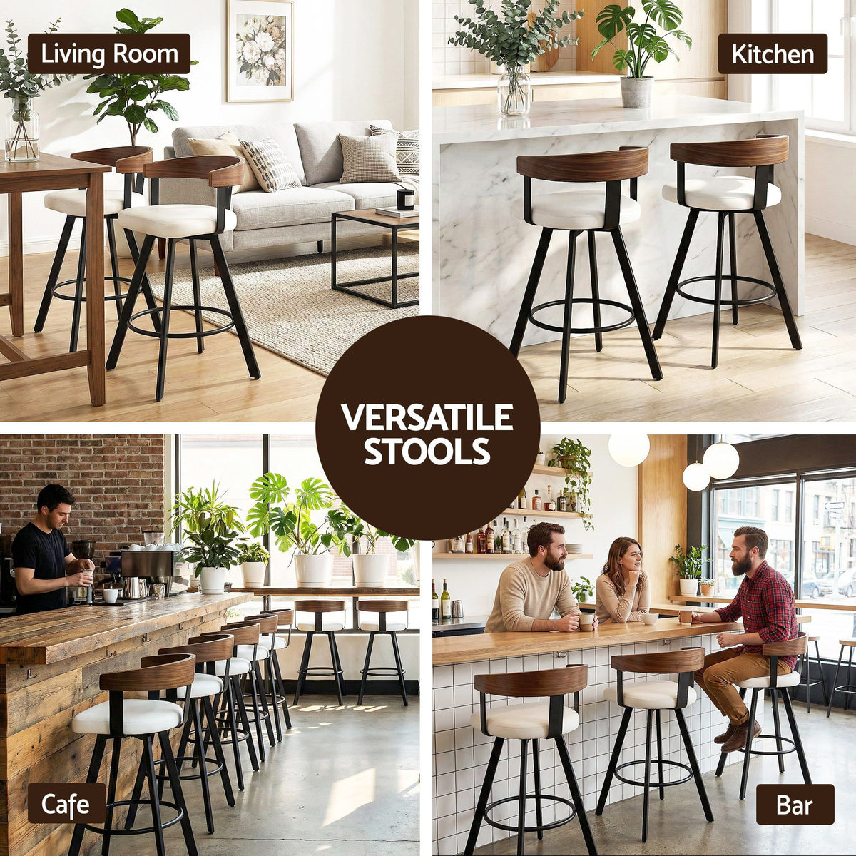 Set of 3 Swivel Counter Height Bar Stools with Bentwood Backrest and PU Leather Seat - White