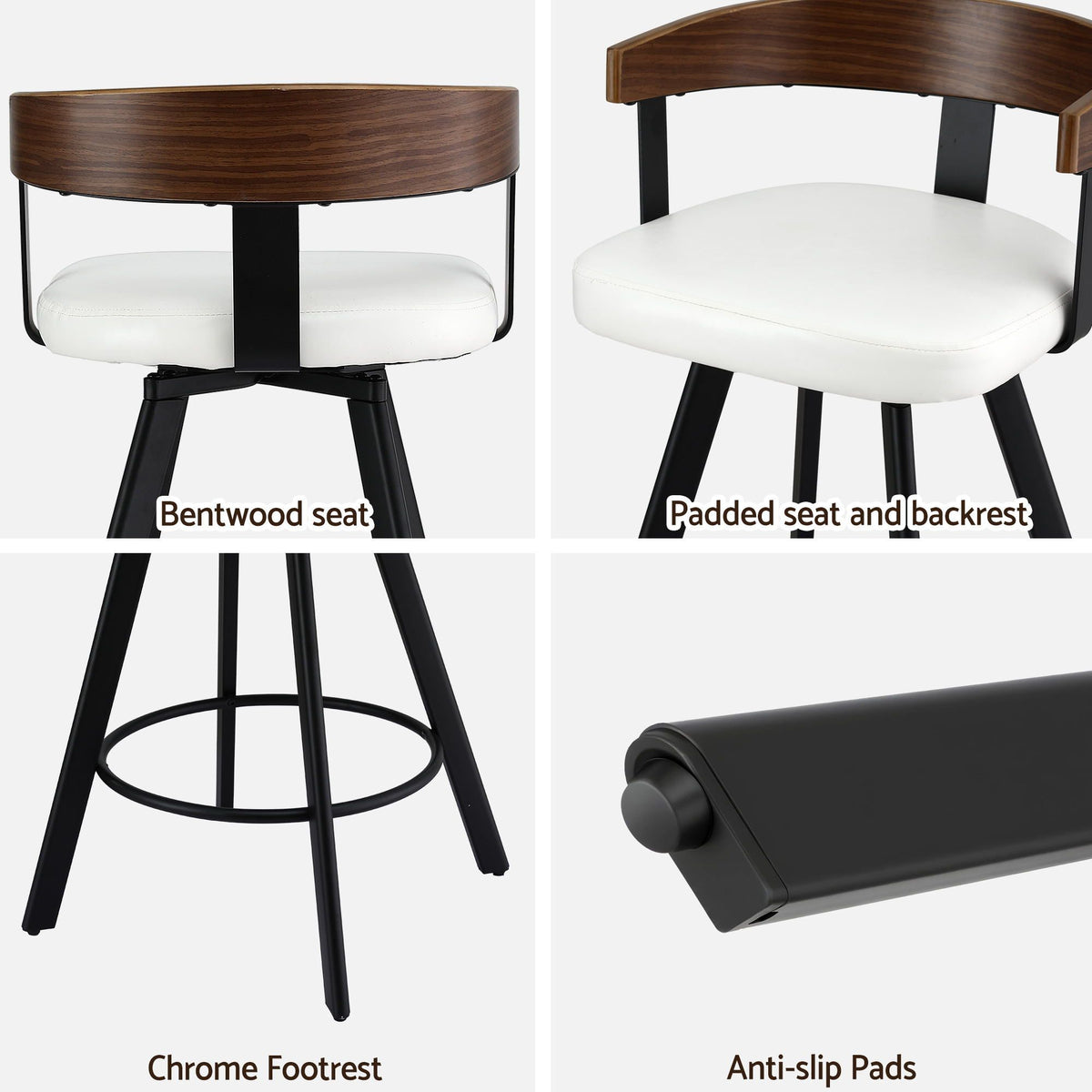 Set of 3 Swivel Counter Height Bar Stools with Bentwood Backrest and PU Leather Seat - White