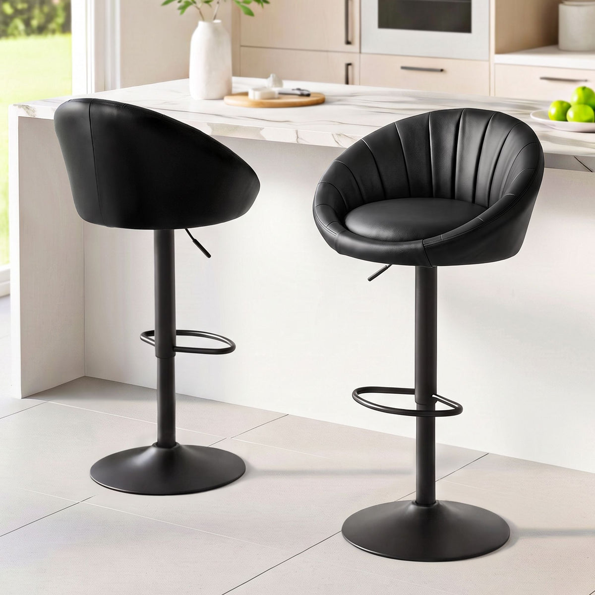 Set of 2 Gas Lift Adjustable Swivel Bar Stools with Rounded Shell Backrest - Black