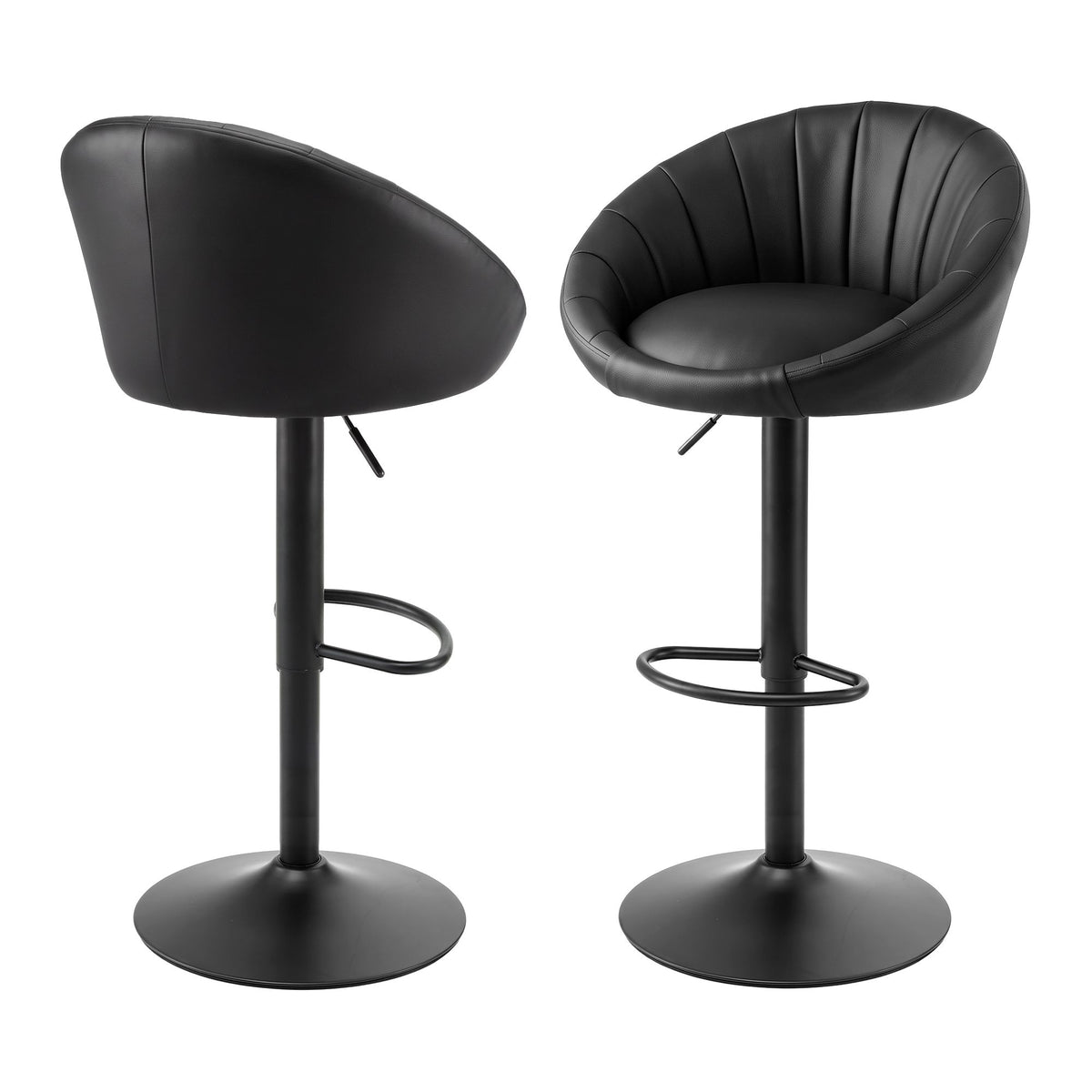 Set of 2 Gas Lift Adjustable Swivel Bar Stools with Rounded Shell Backrest - Black
