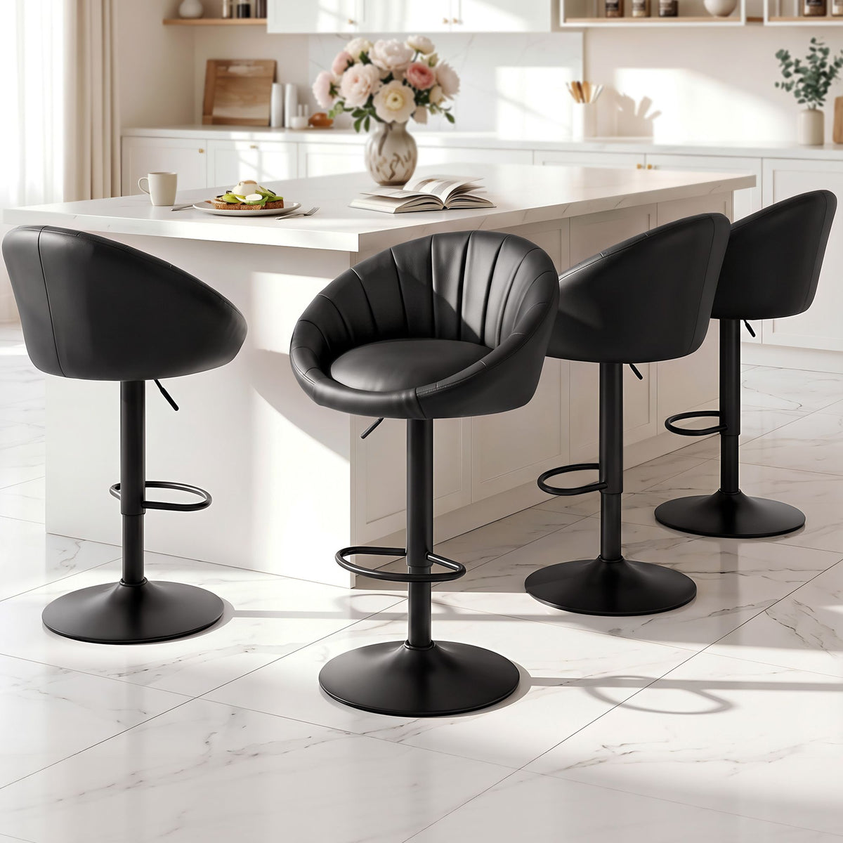 Set of 4 Gas Lift Adjustable Swivel Bar Stools Rounded Shell Backrest - Black