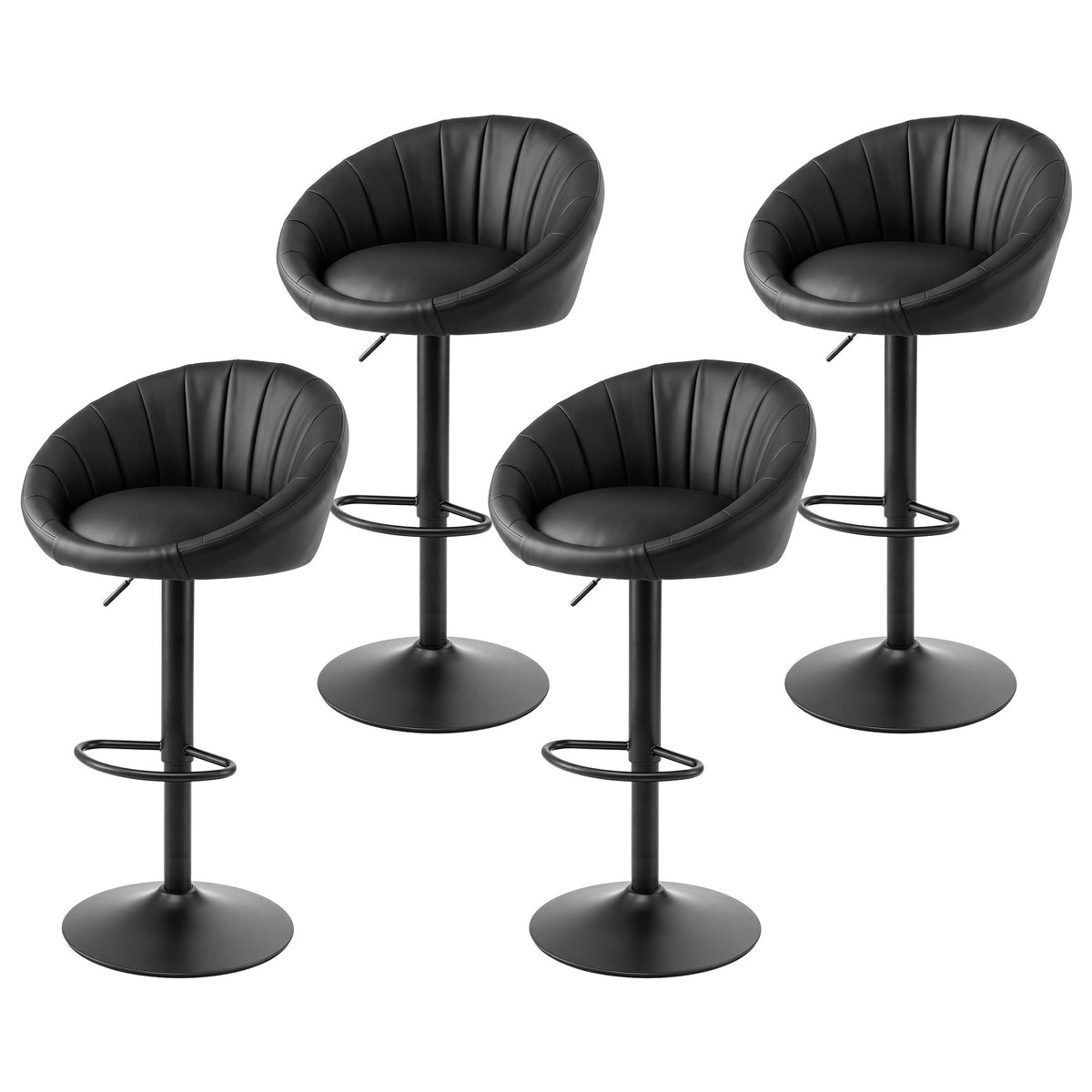 Set of 4 Gas Lift Adjustable Swivel Bar Stools Rounded Shell Backrest - Black