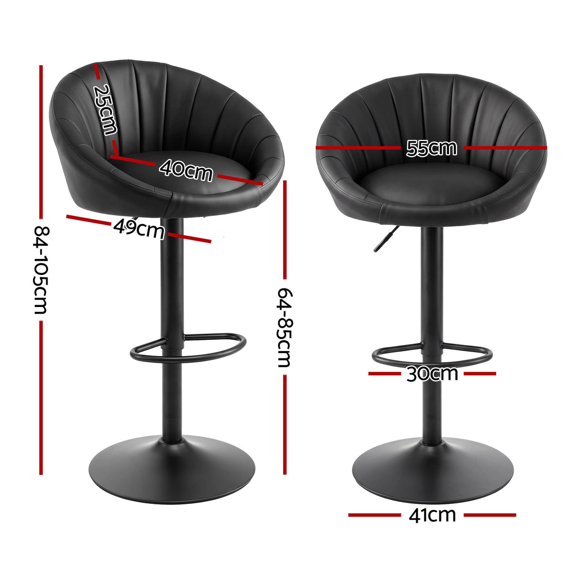 Set of 4 Gas Lift Adjustable Swivel Bar Stools Rounded Shell Backrest - Black