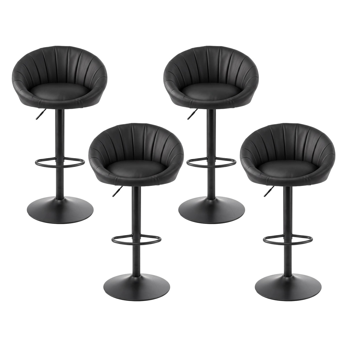 Set of 4 Gas Lift Adjustable Swivel Bar Stools Rounded Shell Backrest - Black