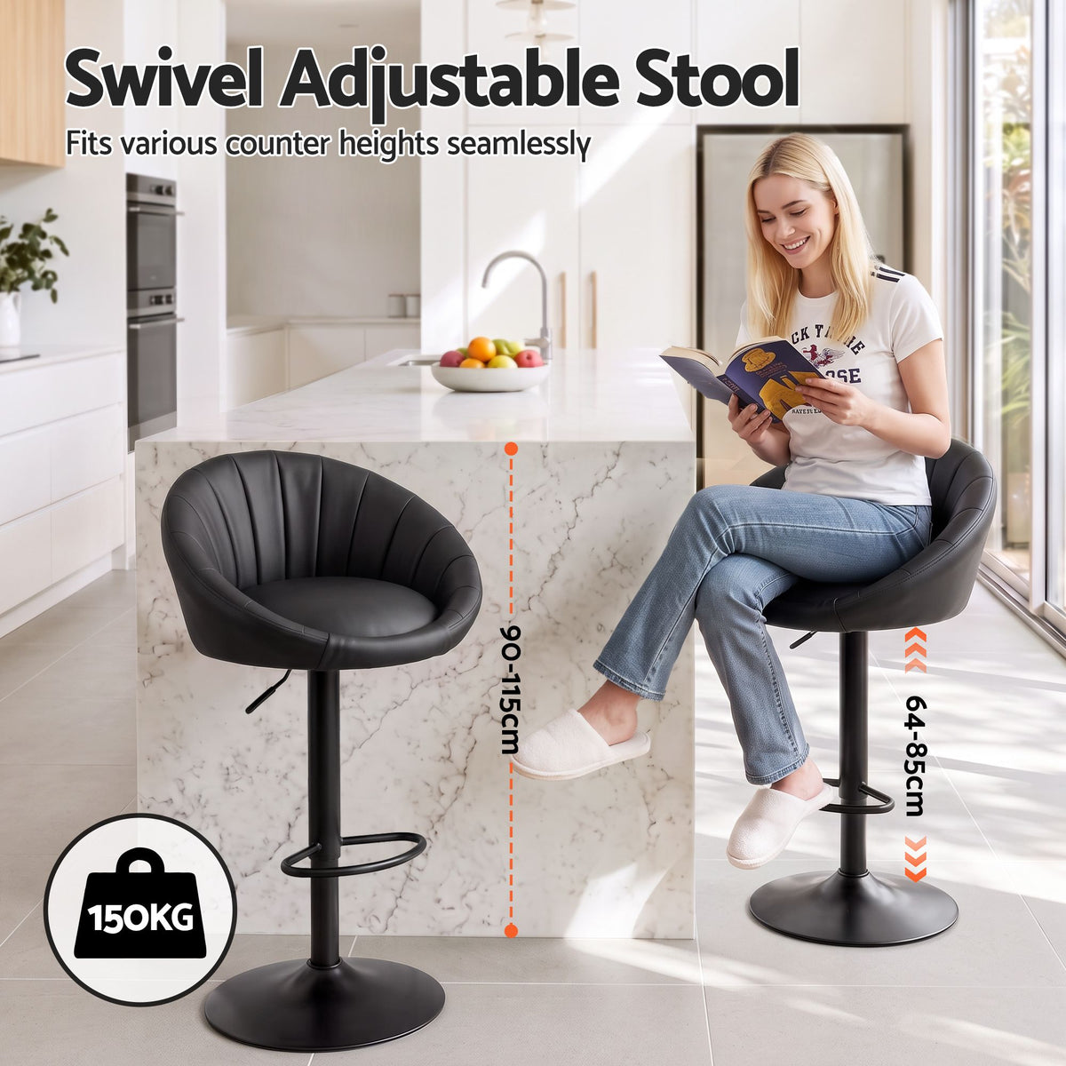 Set of 4 Gas Lift Adjustable Swivel Bar Stools Rounded Shell Backrest - Black
