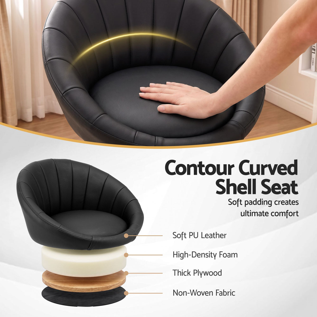Set of 4 Gas Lift Adjustable Swivel Bar Stools Rounded Shell Backrest - Black