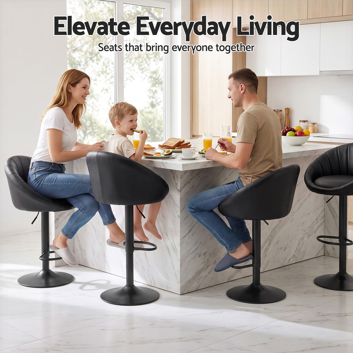 Set of 4 Gas Lift Adjustable Swivel Bar Stools Rounded Shell Backrest - Black
