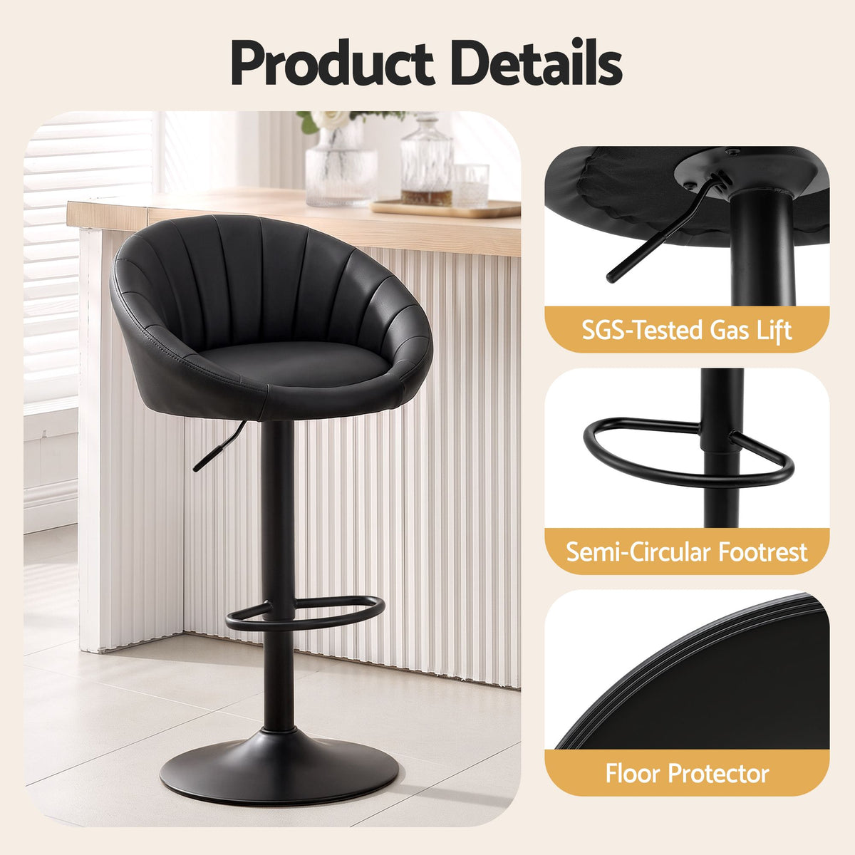 Set of 4 Gas Lift Adjustable Swivel Bar Stools Rounded Shell Backrest - Black