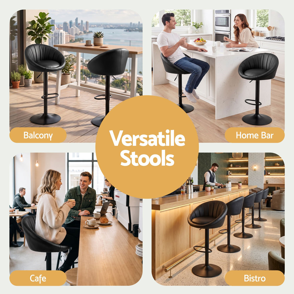 Set of 4 Gas Lift Adjustable Swivel Bar Stools Rounded Shell Backrest - Black
