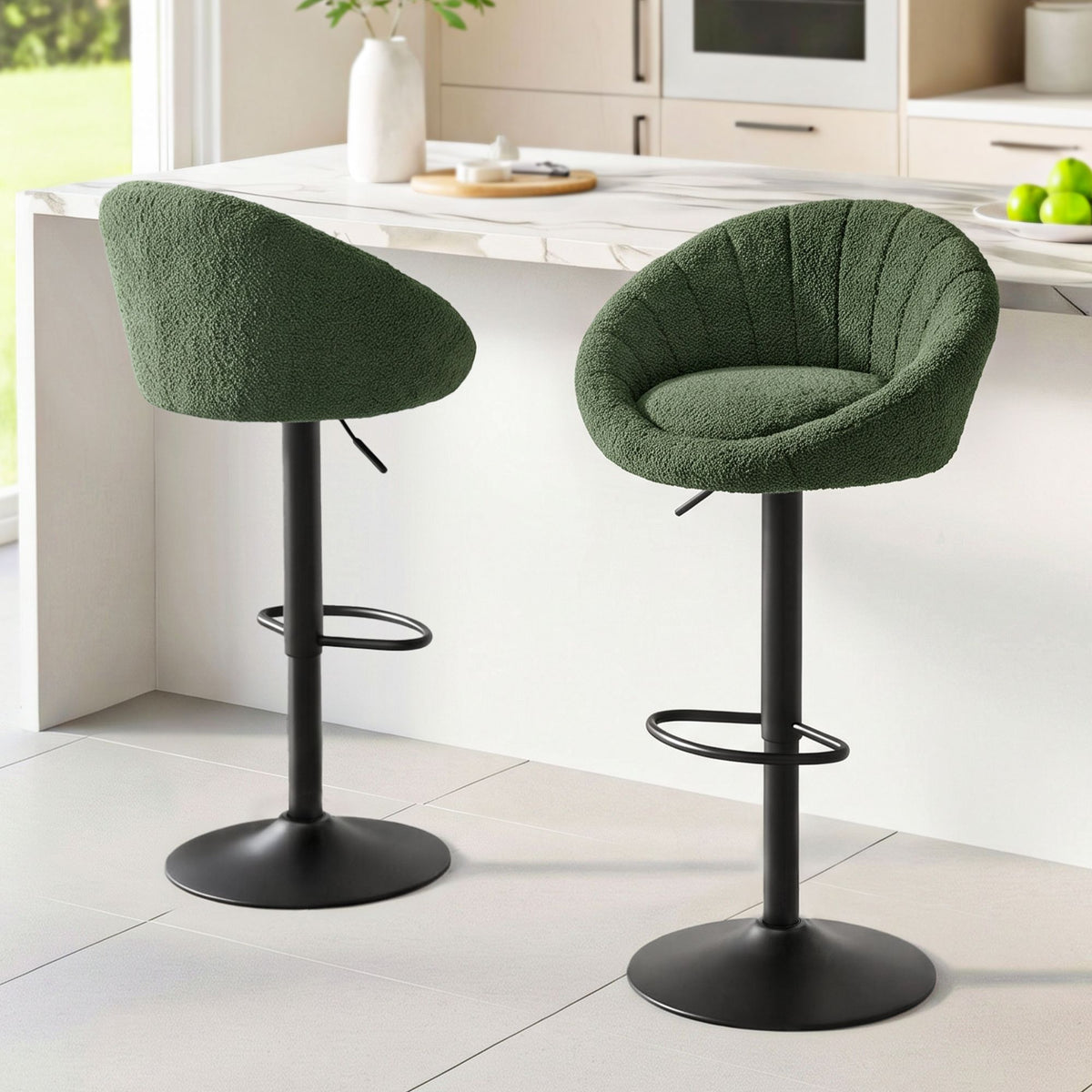Set of 2 Adjustable Gas Lift Swivel Bar Stools Round Shell Back - Green Boucle