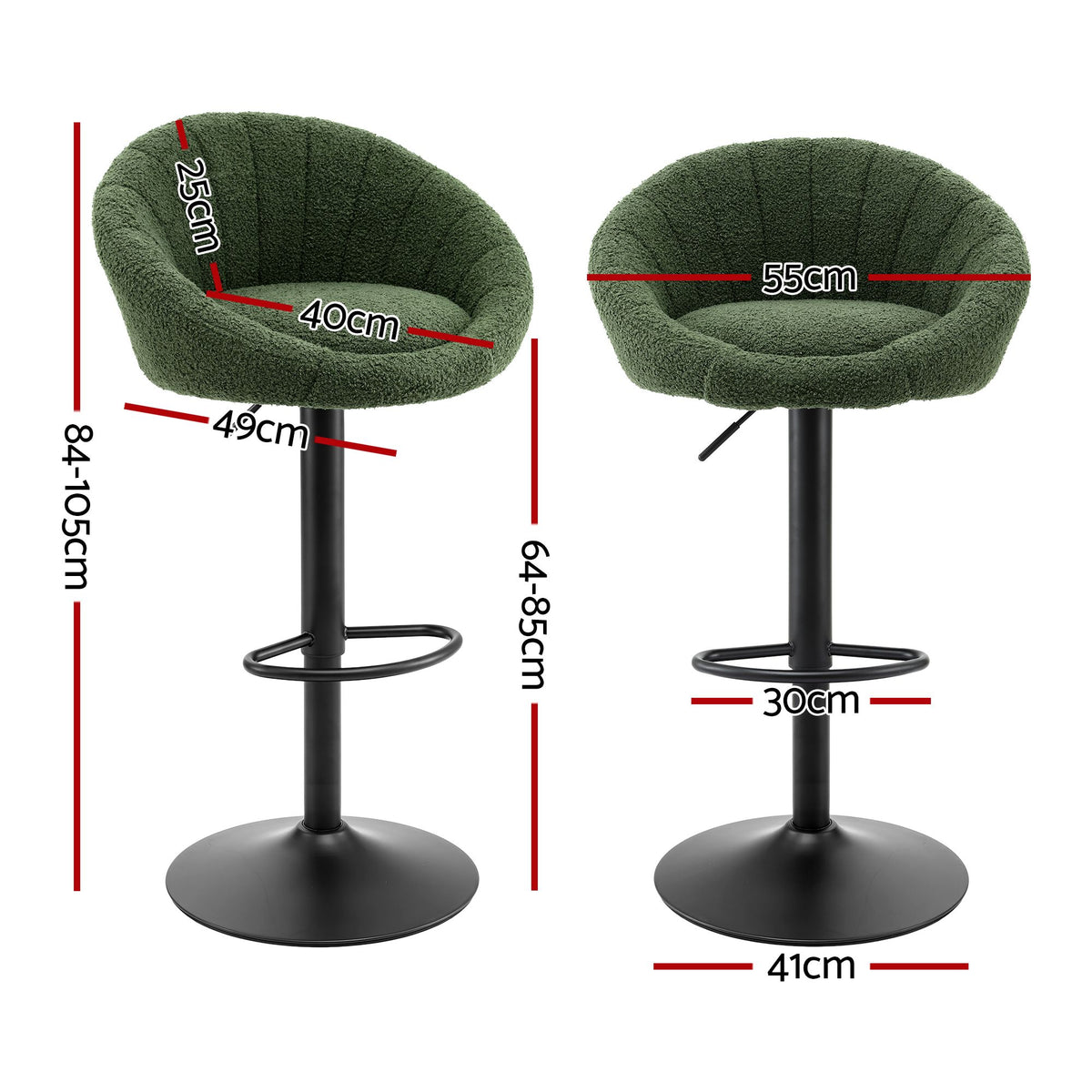 Set of 2 Adjustable Gas Lift Swivel Bar Stools Round Shell Back - Green Boucle