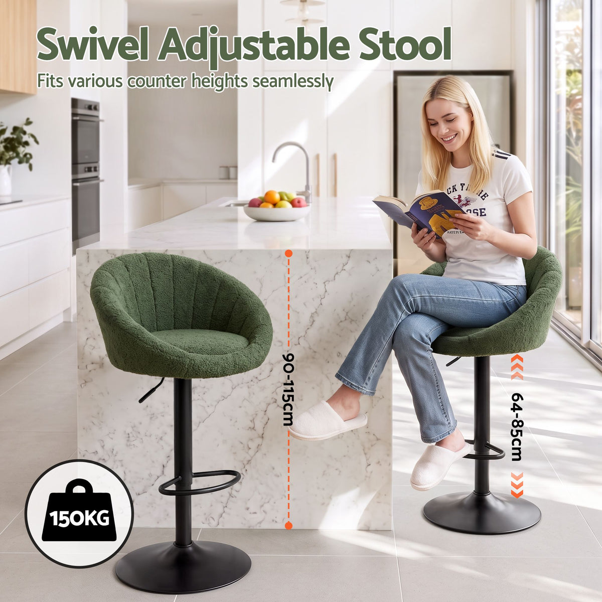 Set of 2 Adjustable Gas Lift Swivel Bar Stools Round Shell Back - Green Boucle