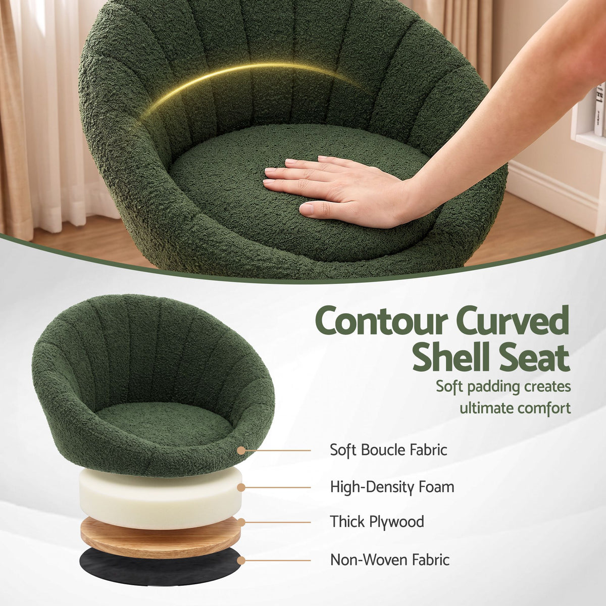 Set of 2 Adjustable Gas Lift Swivel Bar Stools Round Shell Back - Green Boucle