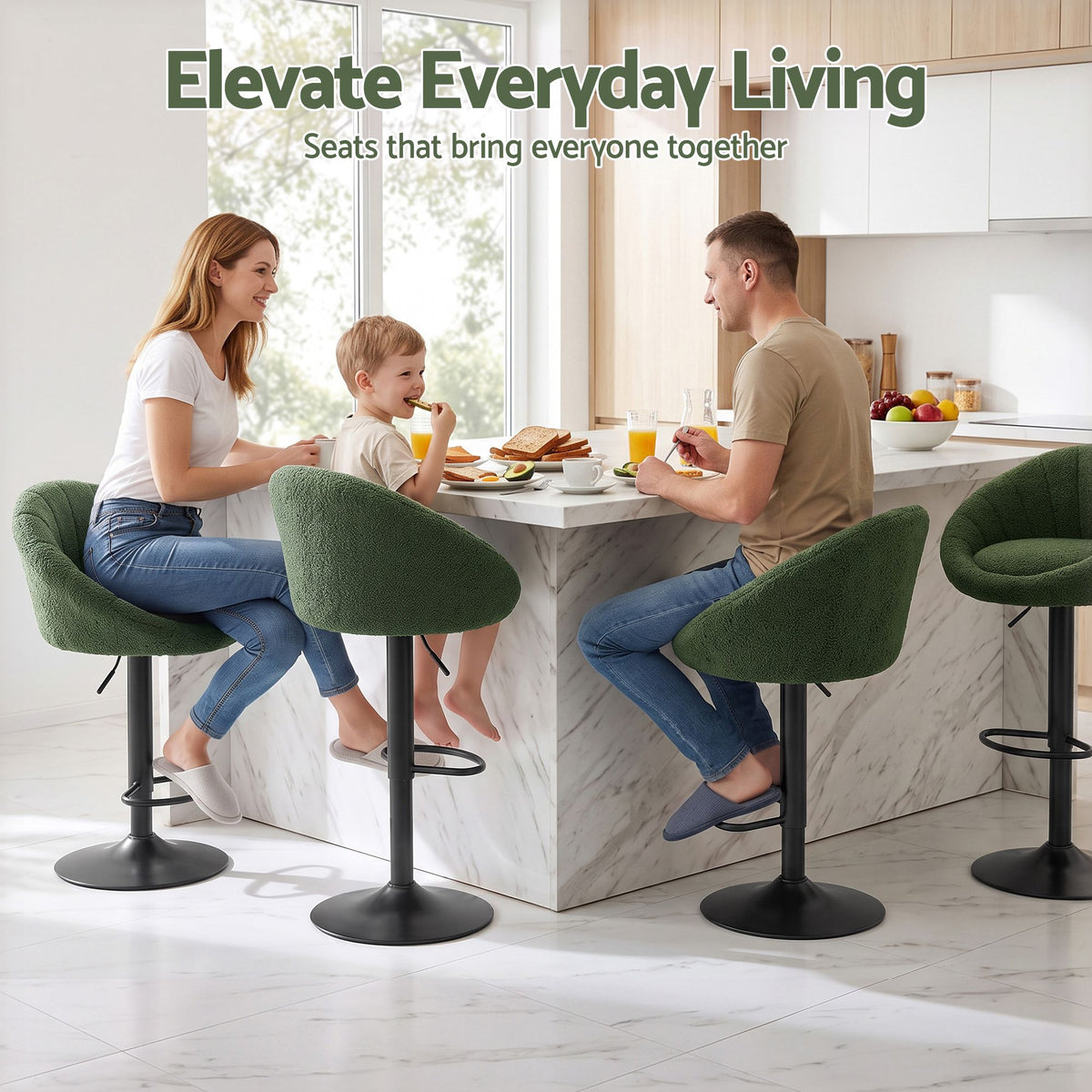 Set of 2 Adjustable Gas Lift Swivel Bar Stools Round Shell Back - Green Boucle